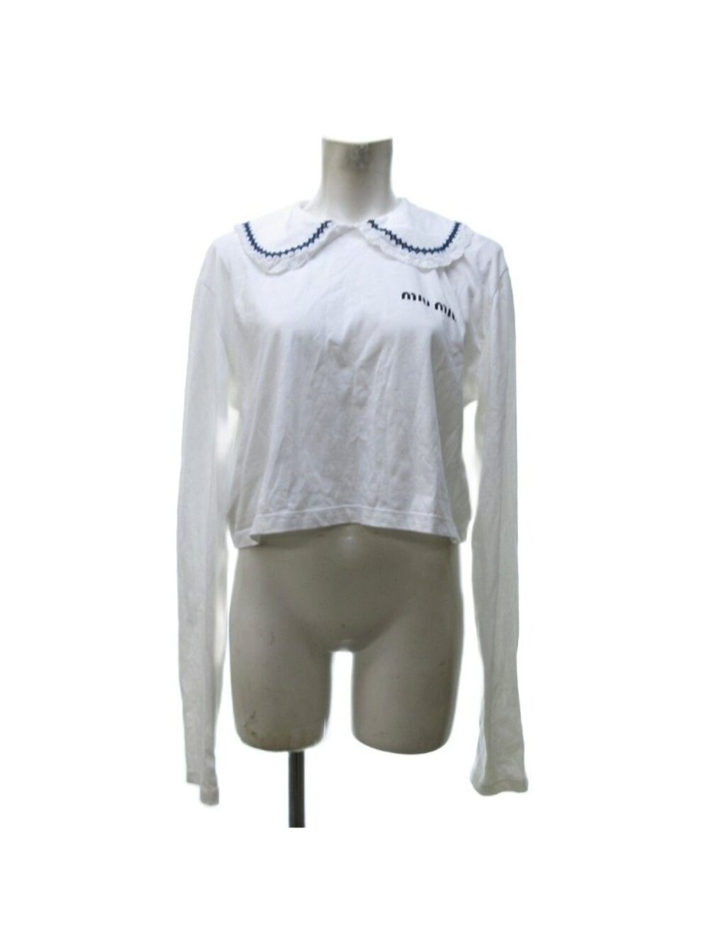 Miu Miu Embroidery Lace Top Long Sleeve Cropped Length Logo Print White